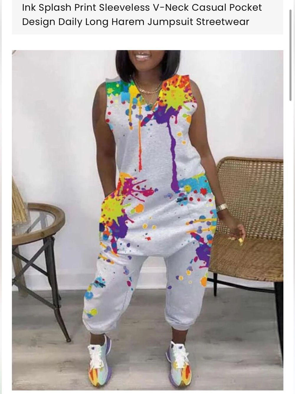 Sleeveless Multicolor Ink-Splash Jumpsuit - grey